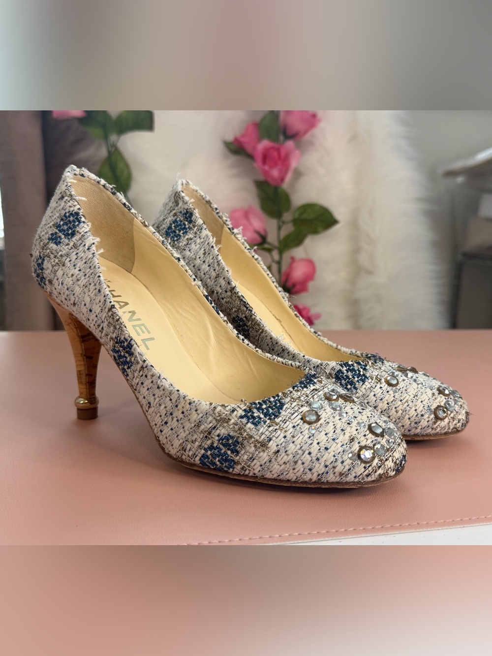 CHANEL Blue White Tweed Rhinestone Crystal CC Cork Heel Pumps 36.5 C